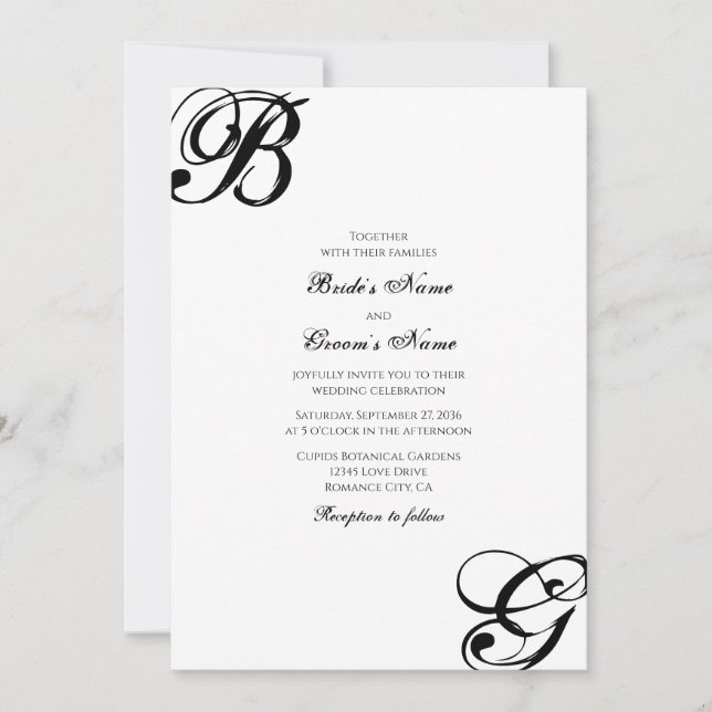 Invitation Mariage Monogramme Script Noir & Blanc (Devant)