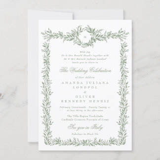 Invitation mariage monogramme traditionnel à cadre vert sauge