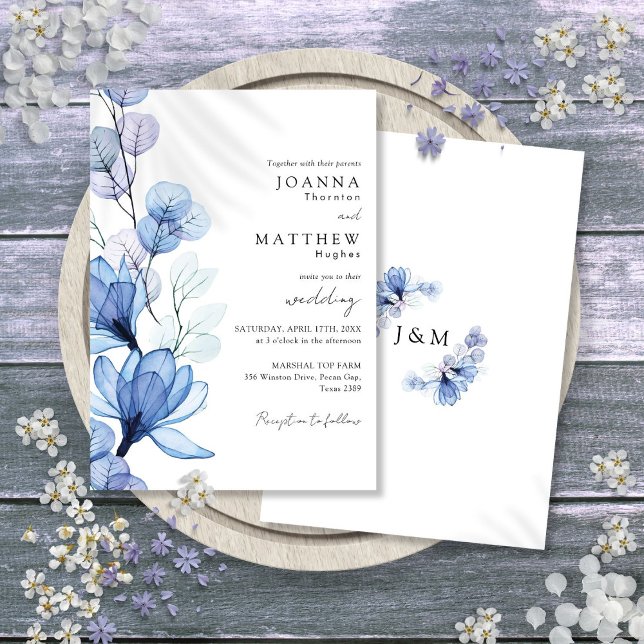 Invitation Mariage monogramme transparent bleu Dusty (Dusty Blue Transparent Floral Monogram Wedding Invitation)