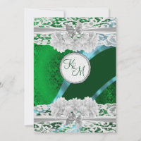 Mariage monogramme vert damassé blanc