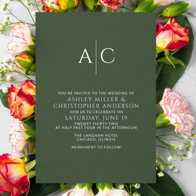 Invitation Mariage Monogramme vert de mousse foncée simple (Créateur téléchargé)