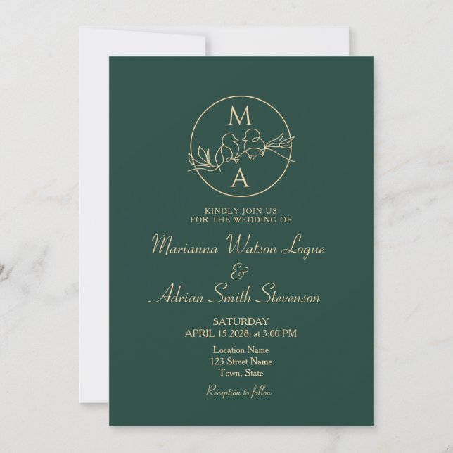Invitation Mariage Monogramme Vert Emeraude (Devant)