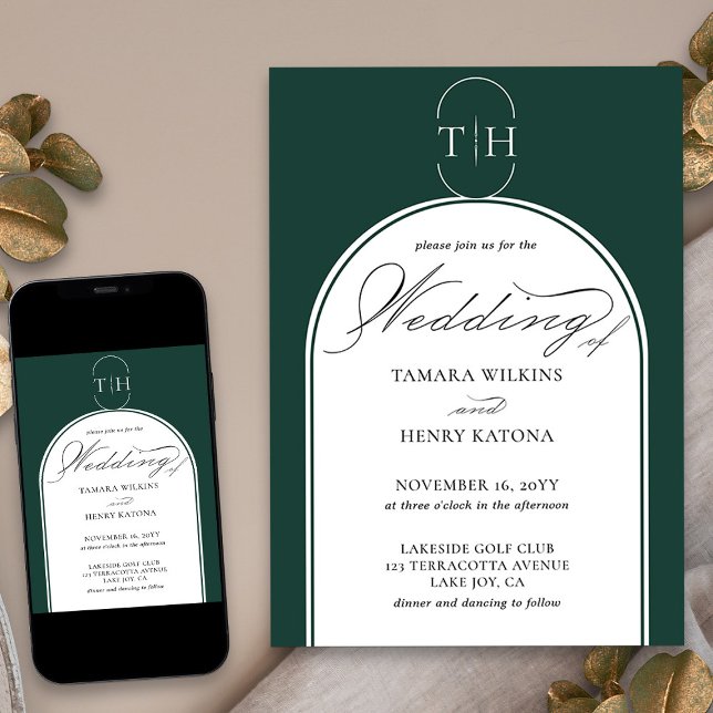 Invitation Mariage Monogramme Vert Émeraude Calligraphie Élég (Elegant monogrammed wedding invitation in emerald green from my Wedding Colors collection)