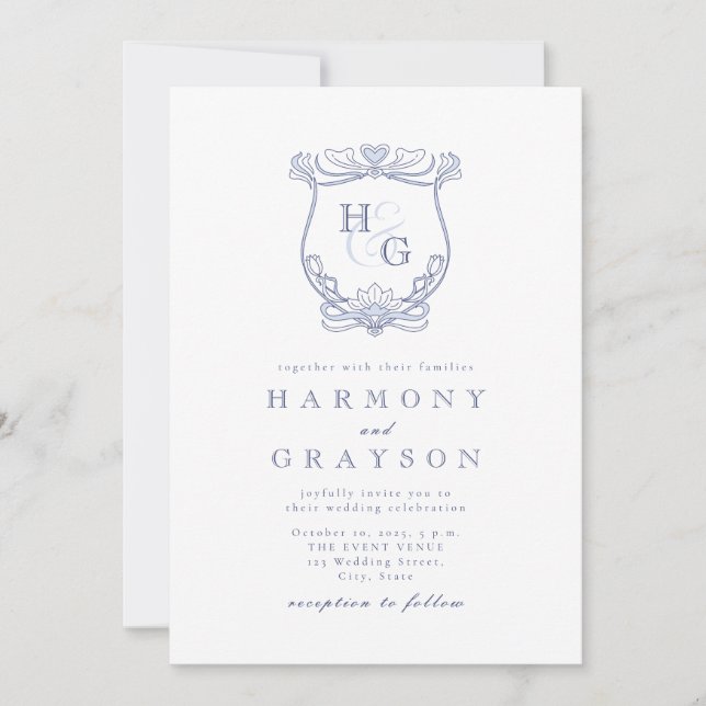Invitation Mariage Monogramme Vintage bleu (Devant)