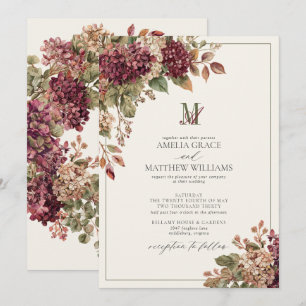Invitation Mariage Monogramme Vintage Hydrangea Bourgogne Oli