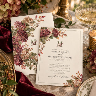 Invitation Mariage Monogramme Vintage Hydrangea Bourgogne Oli