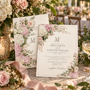 Invitation Mariage Monogramme Vintage Hydrangea Rose Poussiér