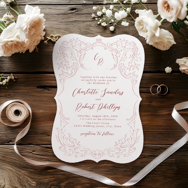 Invitation Mariage Monogramme Vintage Pink Croché (Pink Sketched Vintage Flourish Monogram Wedding Invitation)