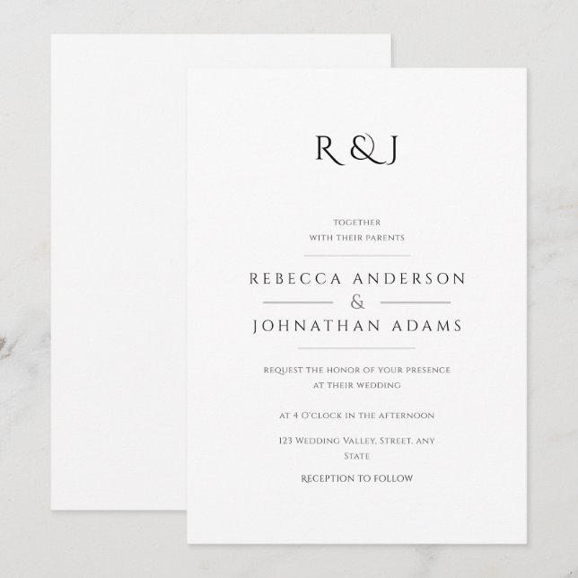Invitation Mariage monographique simple noir et blanc (Devant / Derrière)