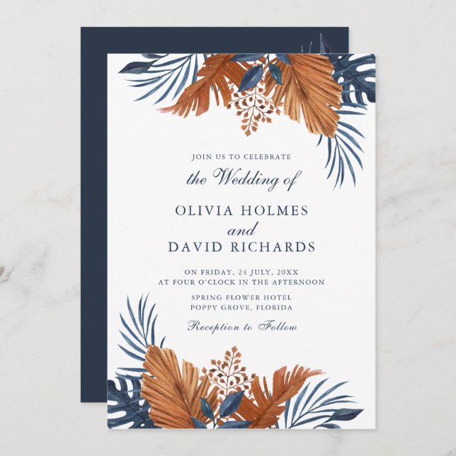 Invitation Mariage Monstera Bleu de minuit (Devant / Derrière)
