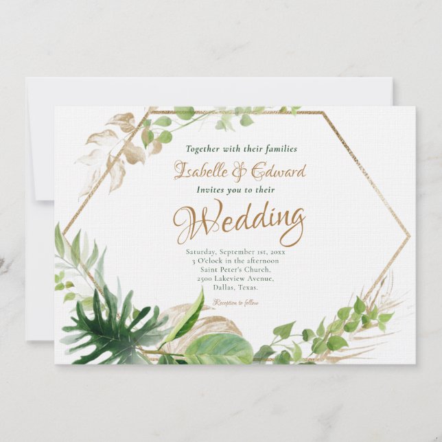 Invitation Mariage Monstera Vert Tropical & Cadre Géométrique (Devant)