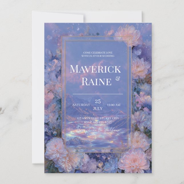 Invitation Mariage Montagnard Floral Iridescent Or Lavande (Devant)