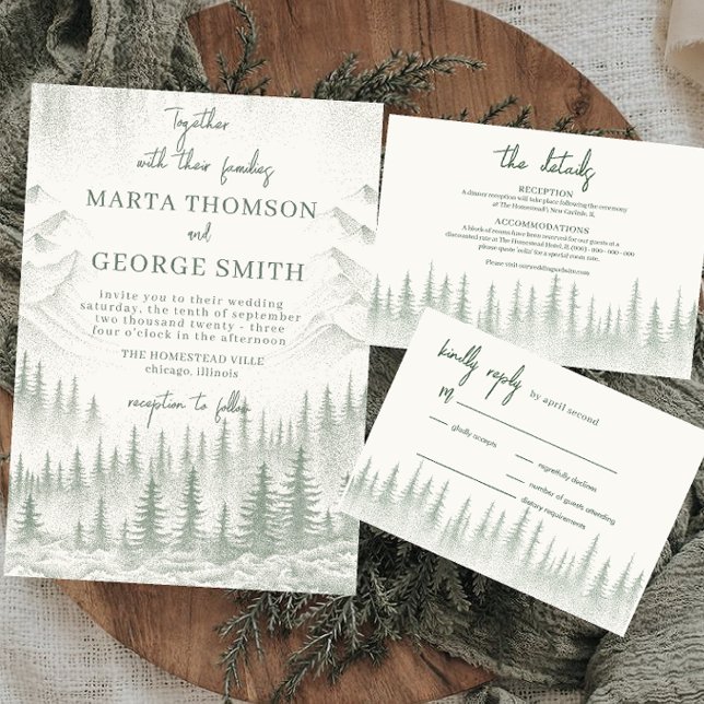 Invitation Mariage montagnard vert sauge rustique (Créateur téléchargé)