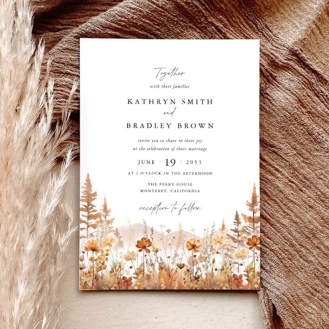Invitation Mariage Montagne Fleur Sauvage Terracotta (Terracotta wildflower mountain wedding invitation with elegant typography and autumn floral design)