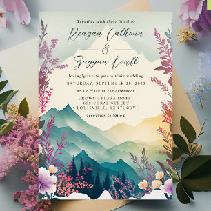 Invitation Mariage Montagnes Printanières Floral Aquarelle Pa