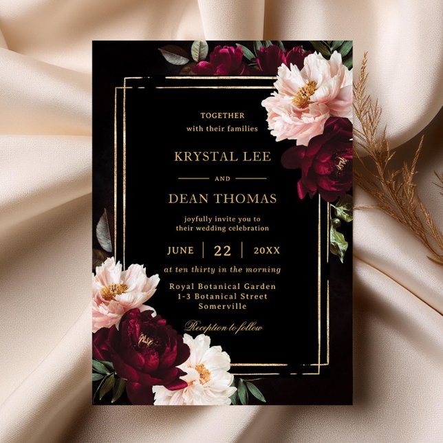 Invitation Mariage Moody Black Burgundy Blush Floral Peonies (Créateur téléchargé)