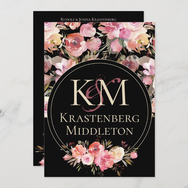 Invitation Mariage Moody foncé Monogram Blush Rose d'hiver (Devant / Derrière)