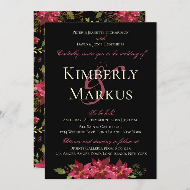 Invitation Mariage Moody foncé Monogram Claret Red Poinsettia (Devant / Derrière)
