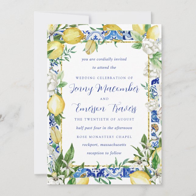 Invitation Mariage Mosaïque Bleue Fleur Blanche Citron (Devant)