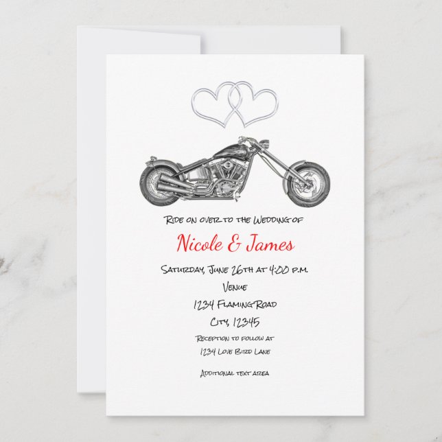 Invitation Mariage Motard au Coeur d'Argent et Moto (Devant)