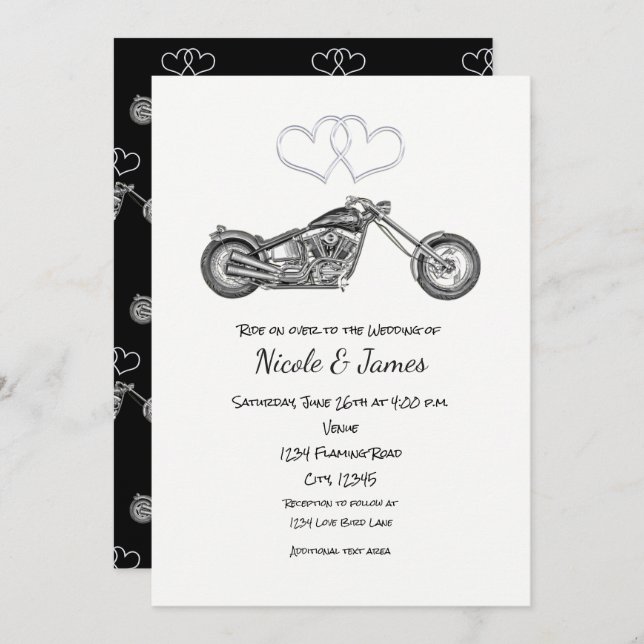 Invitation Mariage Motard Moto Cœurs Noirs et Argent (Devant / Derrière)