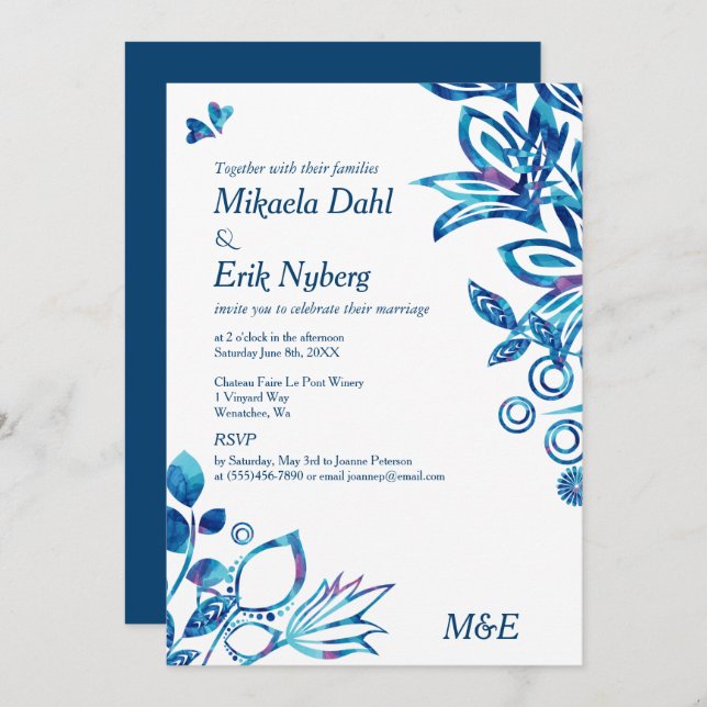 Invitation Mariage Motif bleu scandinave (Devant / Derrière)