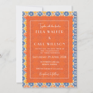 Invitation Mariage Motif de carreaux floraux Orange été