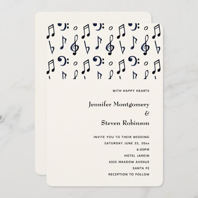 Invitation Mariage Motif de notes musicales mignonnes (Devant / Derrière)