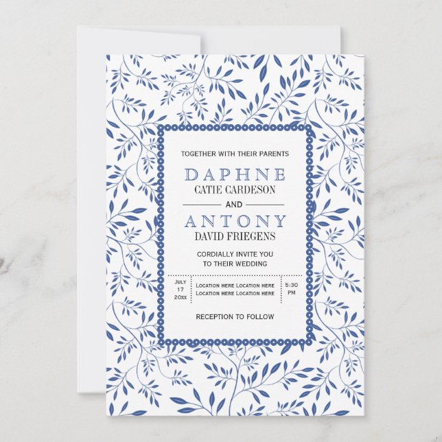 Invitation Mariage motif feuille bleu indigo moderne (Devant)