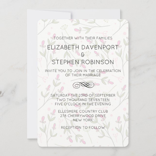 Invitation Mariage Motif Fleur sauvage rose et vert (Devant)