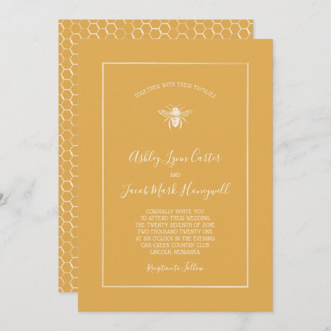 Invitation Mariage Motif Golden Honeypeb (Devant / Derrière)
