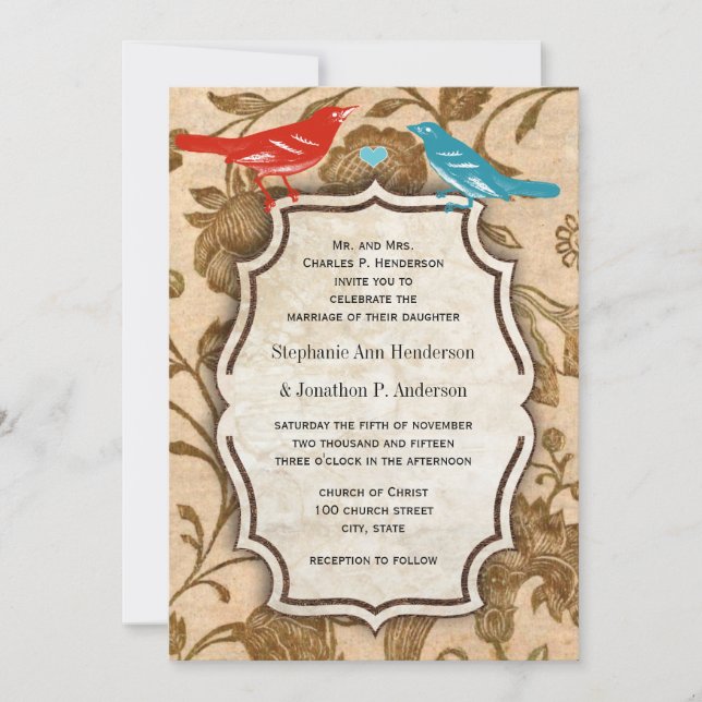 Invitation Mariage Motif Inséparable vintage Aqua Red (Devant)