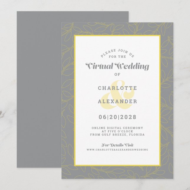 Invitation Mariage Motif moderne virtuel en ligne gris jaune (Devant / Derrière)