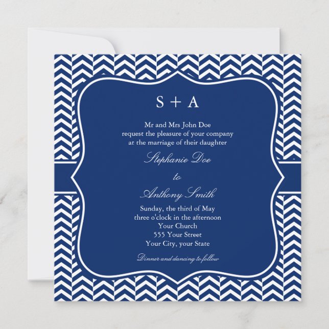 Invitation Mariage Motif Monogram Royal Blue Chevron (Devant)