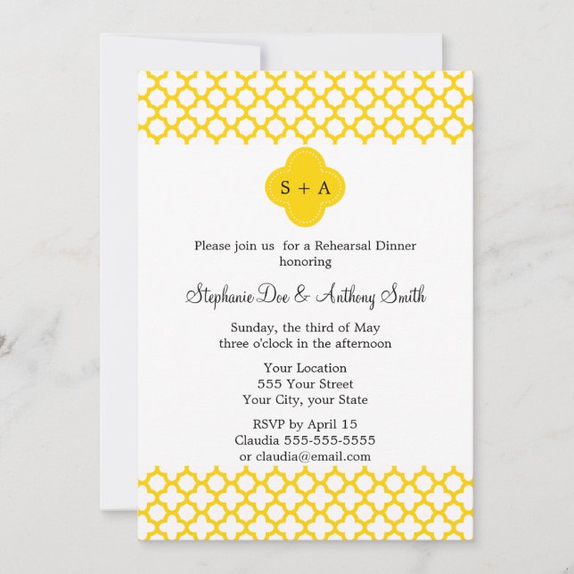 Invitation Mariage Motif Monogram Yellow Quatrefoil (Devant)
