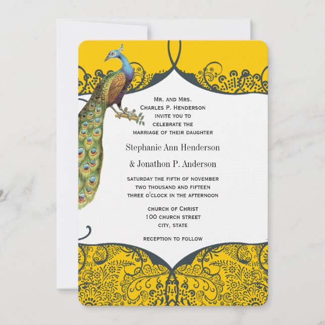 Invitation Mariage motif oiseau de l'amour paon moutarde et m (Devant)