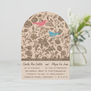 Invitation Mariage motif oiseau de l'amour rose aqua vintage