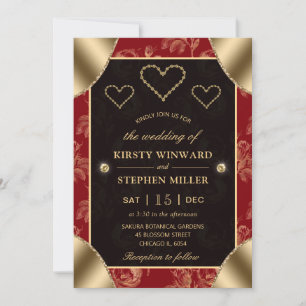 Invitation Mariage motif rose rouge et or & coeurs or