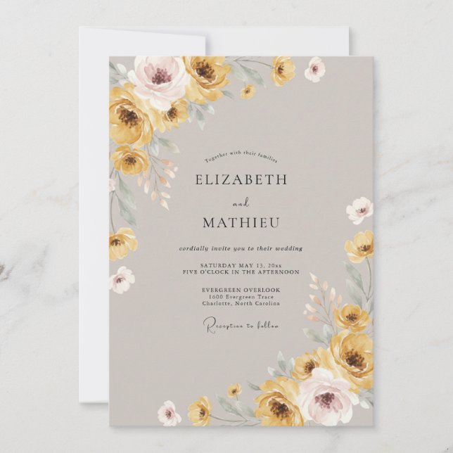 Invitation Mariage Moutarde Ambre Ranunculus Eucalyptus (Devant)