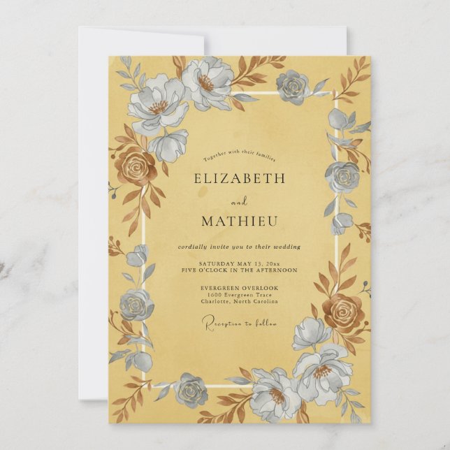 Invitation Mariage Moutarde Azur Ranunculus Eucalyptus (Devant)