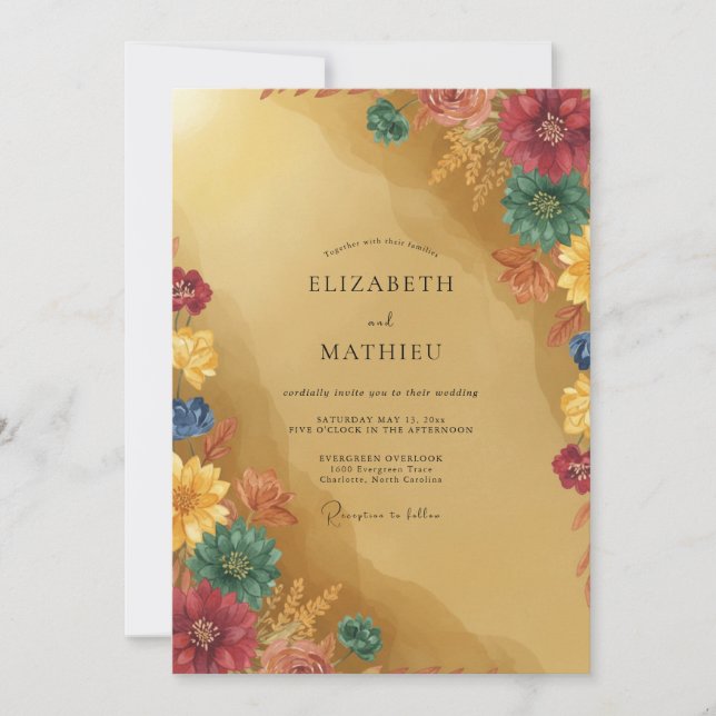 Invitation Mariage Moutarde Bourgogne Zinnia Eucalyptus (Devant)
