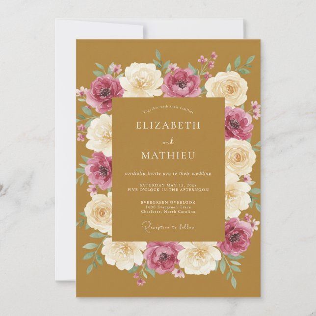 Invitation Mariage Moutarde Magenta Ranunculus Eucalyptus (Devant)