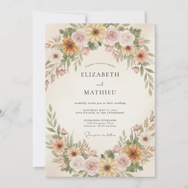 Invitation Mariage Moutarde Mauve Poussiéreux Ranunculus Euca (Devant)