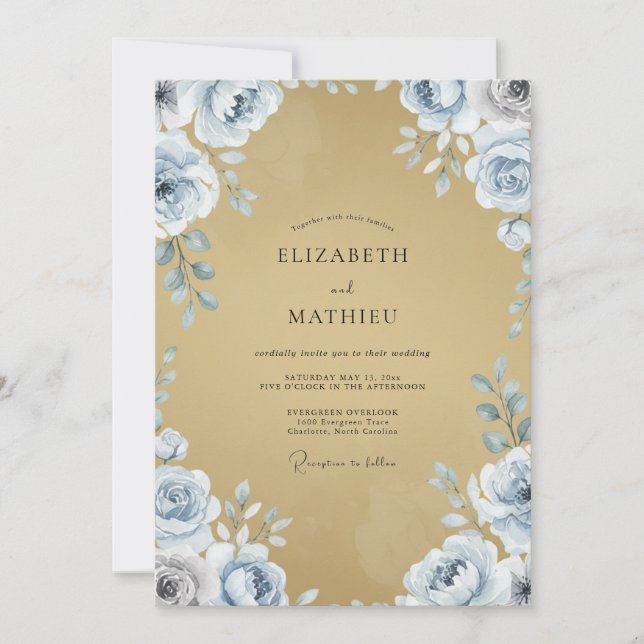 Invitation Mariage Moutarde Pervenche Pivoine (Devant)