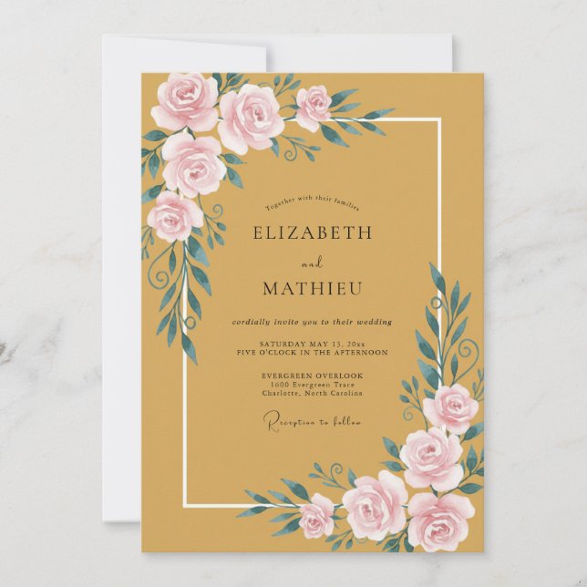Invitation Mariage Moutarde Pivoine Dorée (Devant)