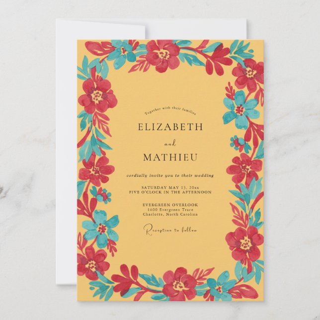 Invitation Mariage Moutarde Téal Coquelicot (Devant)