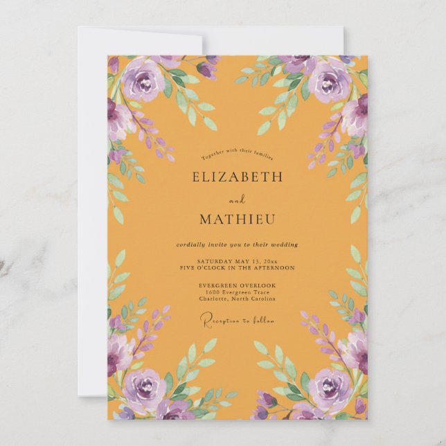 Invitation Mariage Moutarde Violet Ranunculus Eucalyptus (Devant)