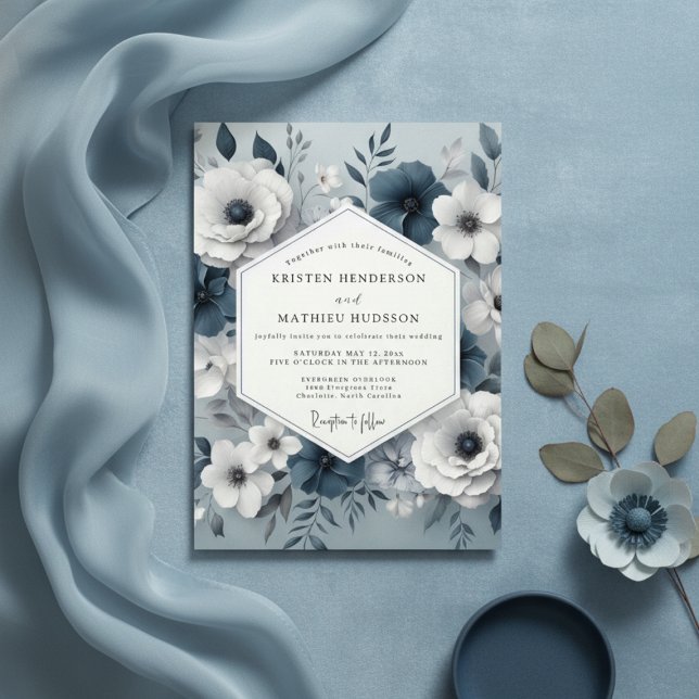 Invitation Mariage Murmure Floral Bleu Ardoise (Créateur téléchargé)