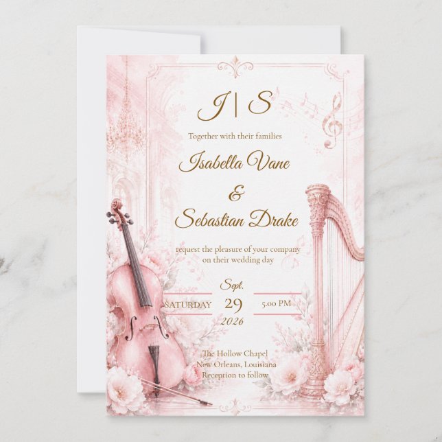 Invitation Mariage Musical Élégant aux Teintes Roses (Devant)