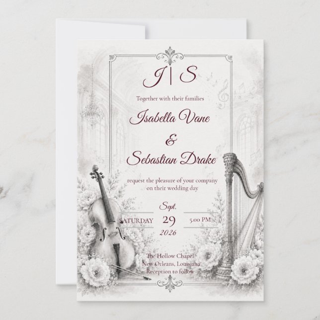 Invitation Mariage Musical Élégant Monochrome (Devant)